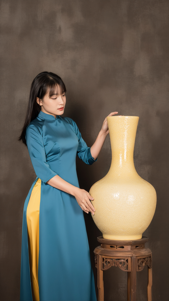 Home ceramics, art, vase, decoration, vietnamese, woman, blue dress, traditional, placed, wooden table, interior, yellow color, photography, harmony, aesthetics, asian culture, handcrafted, brown wall, design aesthetics, artistic vase, stylish way, ai generated
