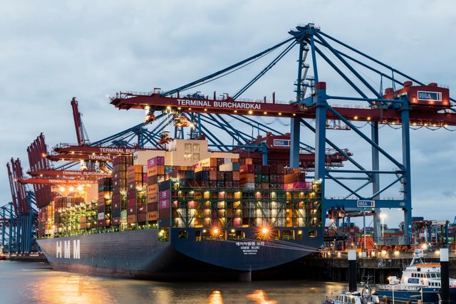 Container ship at Hamburg Terminal Burchardkai with cranes at twilight.